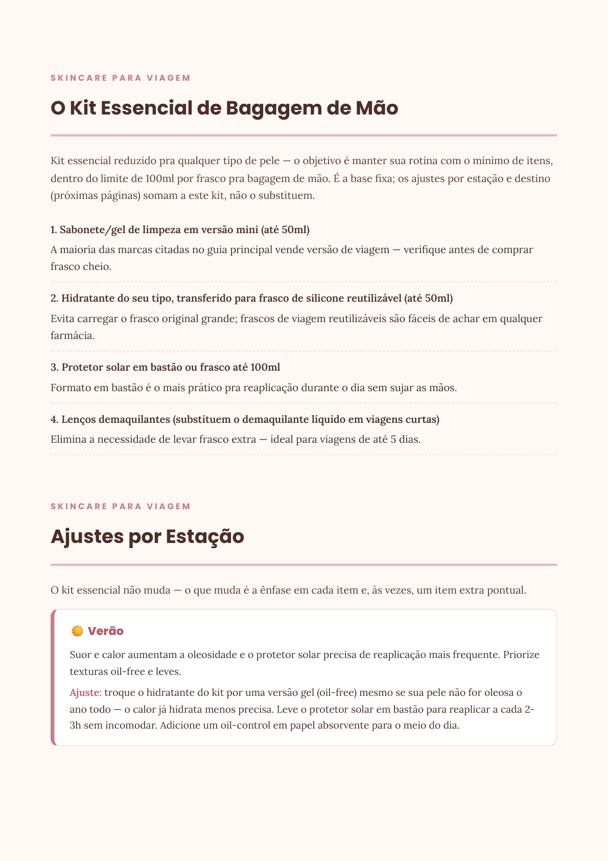 Página interna do Skincare para Viagens